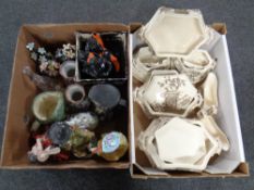 Two boxes containing a quantity of antique and later ceramics to include 19th century rustic