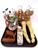 A tray containing Chinese porcelain figures, drummer, Chinese vase,