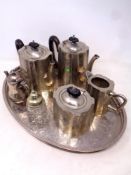 An oval silver plated gallery tray together with a four piece silver plated tea service and a