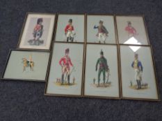 A set of six framed colour prints of military dress in the early 1800's in Hogarth frames,