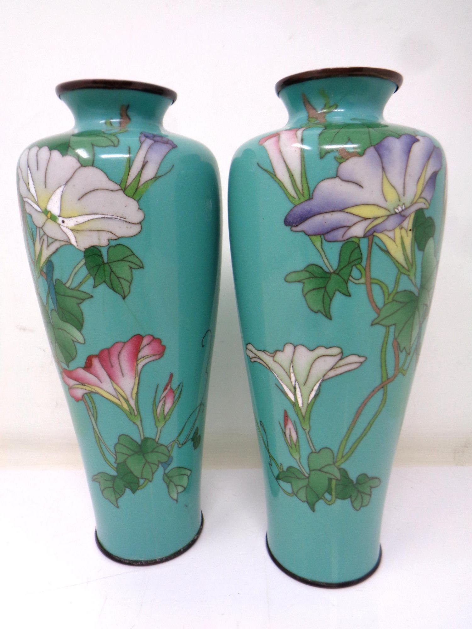 A pair of Japanese silver wire inlaid cloisonne vases. Height 18.