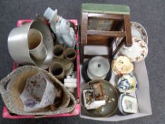 Two boxes of pair of bisque figures, jam pan, chalk book ends, oak footstool, coins,