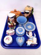 A tray containing assorted ceramics to include Wedgwood Jasperware,
