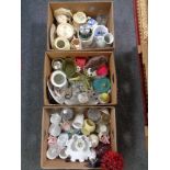 Three boxes containing assorted ceramics and glass ware, Ringtons caddy,