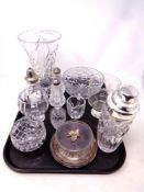 A tray containing assorted glass ware to include vases, sugar sifter, cruet pieces,