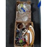 Two boxes containing miscellaneous glass ware, ceramics to include Bossons wall plaque,
