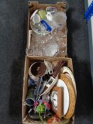 Two boxes containing miscellaneous glass ware, ceramics to include Bossons wall plaque,