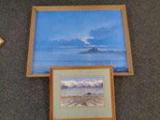 A Richard Juniper watercolour : Bamburgh castle viewed from the beach, in mount and frame,