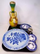 A tray containing assorted antique and later ceramics to include three antique china willow