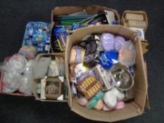 A pallet containing new shop stock, sports skipping ropes, colanders, batteries,
