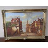 A continental school gilt framed oil on canvas depicting a 19th century street scene