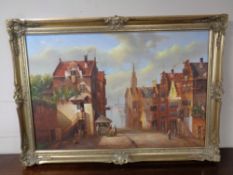 A continental school gilt framed oil on canvas depicting a 19th century street scene