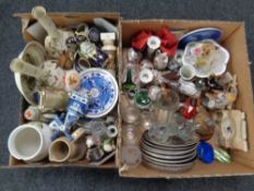 Two boxes of ceramics, glass ware, to include beer stein, ship in bottle,
