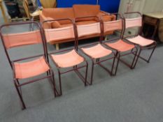 A set of five 20th century tubular metal and canvas stacking dining chairs
