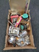 Two boxes containing vintage fairy soap in original boxes, three pairs of leather ice skates,