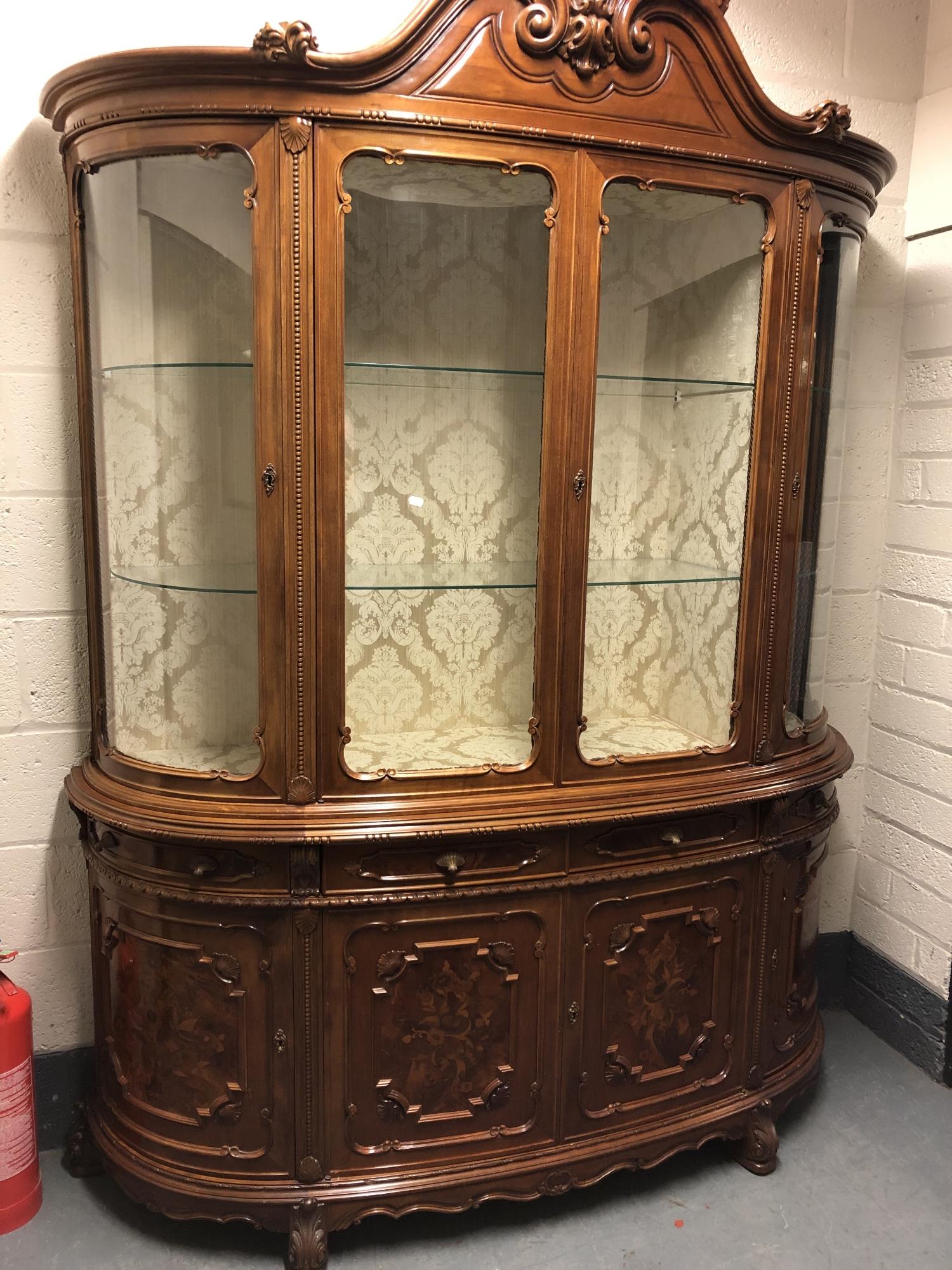 A good quality Italian style inlaid bowfront glazed display cabinet, height 235cm,