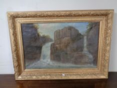 An antiquarian oil on canvas of a waterfall in a gilt composite frame.