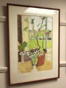 Virginia Powell : Still Life with Snowdrops in a Glass Vase and Terracotta Plant Pot,