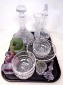 A tray containing assorted glassware to include liqueur and ships decanter,