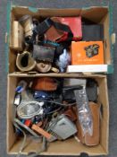 Two boxes containing vintage cameras and camera equipment, copper kettle, brass ornament of a shoe,