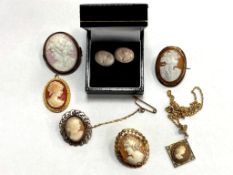 A rolled gold cameo brooch together with further antique and later cameo brooches, pair of earrings,