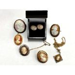 A rolled gold cameo brooch together with further antique and later cameo brooches, pair of earrings,