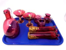 A tray of eight pieces of cranberry glass ware, pair of gilt metal rimmed vases, jugs,