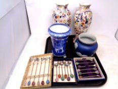 A tray of antique Maling blue and white vase, further Wedgwood vase,