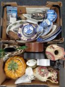 Two boxes of antique and later ceramics, tea ware, mantel clock,