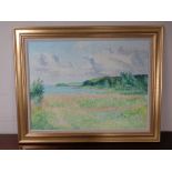 A continental school : gilt framed, oil on canvas country scene with water beyond,