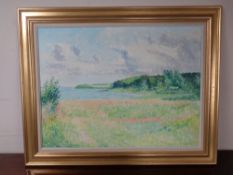 A continental school : gilt framed, oil on canvas country scene with water beyond,