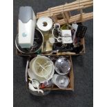 Two boxes containing kitchenalia to include Kenwood chef food mixer, utensils, mixing bowls,