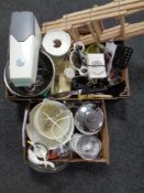 Two boxes containing kitchenalia to include Kenwood chef food mixer, utensils, mixing bowls,