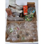 Two boxes containing miscellanea to include assorted glass ware, domino's, ice skates,
