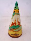 A Clarice Cliff Bizarre Fantasque 'Secret's pattern conical sugar sifter,