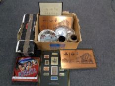 A box containing miscellaneous glass ware, collectors plates, DVD box set,