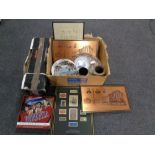 A box containing miscellaneous glass ware, collectors plates, DVD box set,