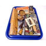 A tray containing a collection of wooden rules, large quantity of fountain pen nibs,