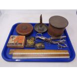 A tray containing miscellanea to include scissors, wooden rulers, Japanese cigarette case,