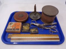 A tray containing miscellanea to include scissors, wooden rulers, Japanese cigarette case,
