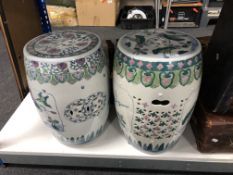 A pair of Chinese porcelain barrel seats (one with crack to body)