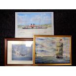An R Bell watercolour depicting tall ships with pier beyond together with one further watercolour