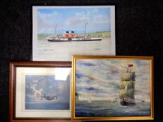 An R Bell watercolour depicting tall ships with pier beyond together with one further watercolour