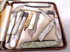 A small collection of assorted pocket knives to include a silver mother of pearl handled fruit