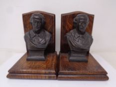 A pair of Edwardian oak bookends with Shakespeare bronze busts. Height 13.