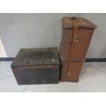 A 19th century pine chest upholstered in a buttoned leather together with a Bentwood travelling