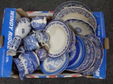 A box containing 19th century and later blue and white wear to include meat plates, dinner plates,