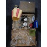 Two boxes containing a quantity of 20th century glassware, plated ware, cut glass, whiskey glasses,