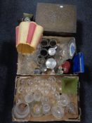 Two boxes containing a quantity of 20th century glassware, plated ware, cut glass, whiskey glasses,