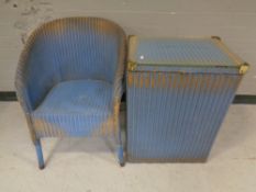 A mid 20th century loom basket chair together with glass topped linen box